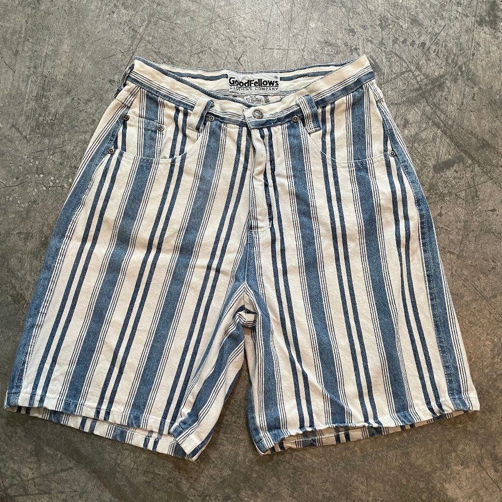 Vintage 90s Blue White Vertical Stripe High Waisted Mom Shorts GoodFellows 28